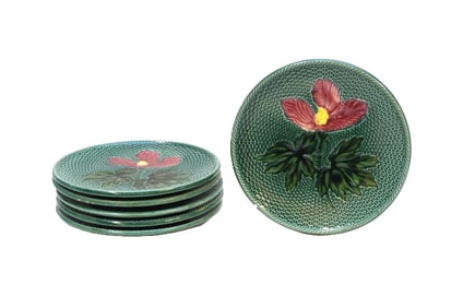 SIX ZELL GERMAN MAJOLICA BASKET WEAVE & HIBISCUS PLATES