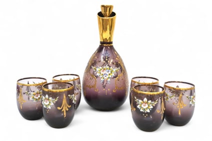 SET AMETHYST BOHEMIAN BLOWN GLASS DECANTER WITH 6 GLASSES