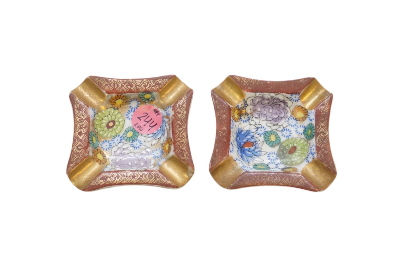 3 PIECES OF JAPANESE KUTANI PORCELAIN: This lot includes 2 Ashtrays and 1 Covered Tea Cup. All are Hand Painted Japanese Kutani Porcelain with Signatures on Bottom. Ashtrays measure 3 " x 3" x 2.75" and tea cup is 4" x 3", total lot weight