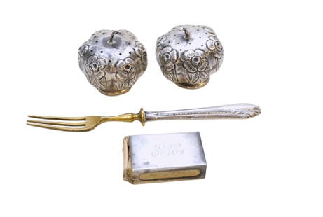 4 pc VINTAGE STERLING SALT PEPPER - MATCH +: All are vintage. Mexican Floral Repousse Salt & Pepper Shakers 2". Sterling Matchbox Cover 1 1/2". 800 Silver Handle with Bronze Cocktail Fork 5.75".