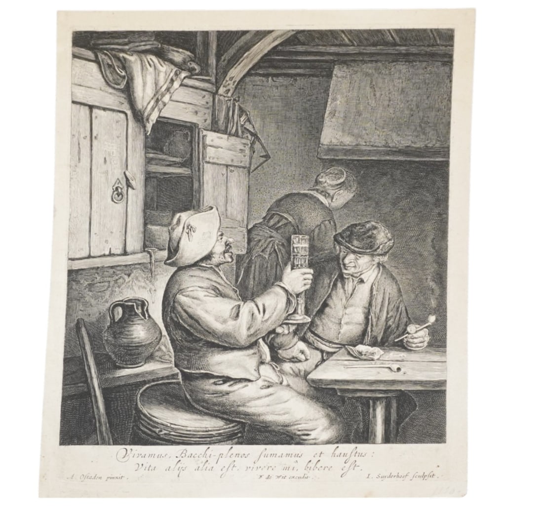 JONAS SUYDERHOEF (NETH, 1613-1686) ENGRAVING: Jonas Suyderhoef, Haarlem Engraving of a Tavern Scene. 1610-1685, after Van Ostade. Unframed. Measures 7.5." x 9.5" and weighs 0.8 oz.