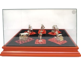 VINTAGE SILVER ASIAN WORKERS IN GLASS DISPLAY CASE