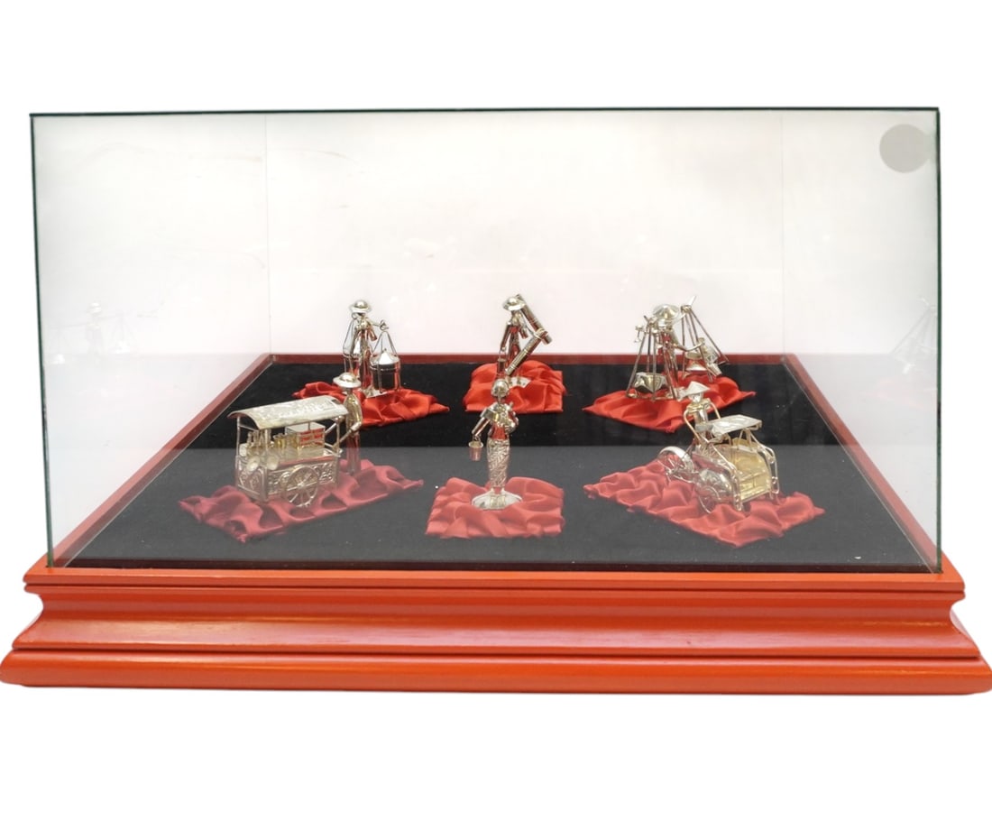 VINTAGE SILVER ASIAN WORKERS IN GLASS DISPLAY CASE (1 of 6)