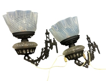 PAIR VICTORIAN OIL LAMP SCONCES W OPALESCENT SHADES
