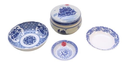 LOT OF VINTAGE BLUE AND WHITE PORCELAIN - 4 PIECES