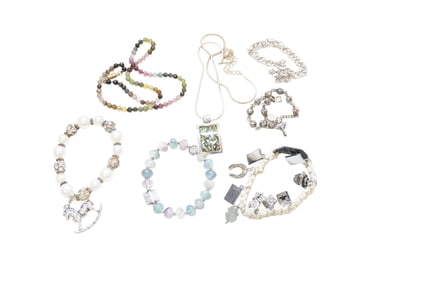 9 PIECES OF VINTAGE SILVER TONE COSTUME JEWELRY