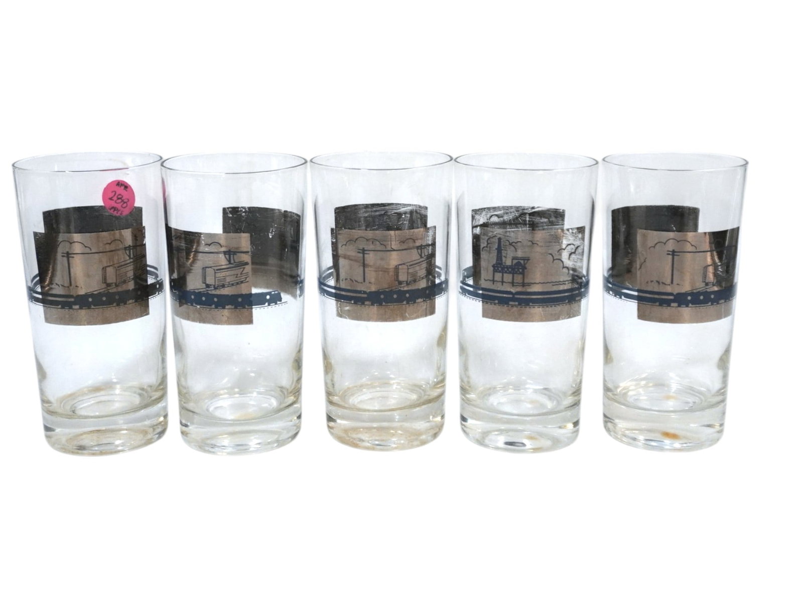 SET OF 6 MID CENTURY HIGHBALL GLASSES: Set of 6 Mid Century Highball Glasses with A Train Motif. Each measures about 5.5" x 3" in dia. and total lot weight is 3 lbs 12 oz.
