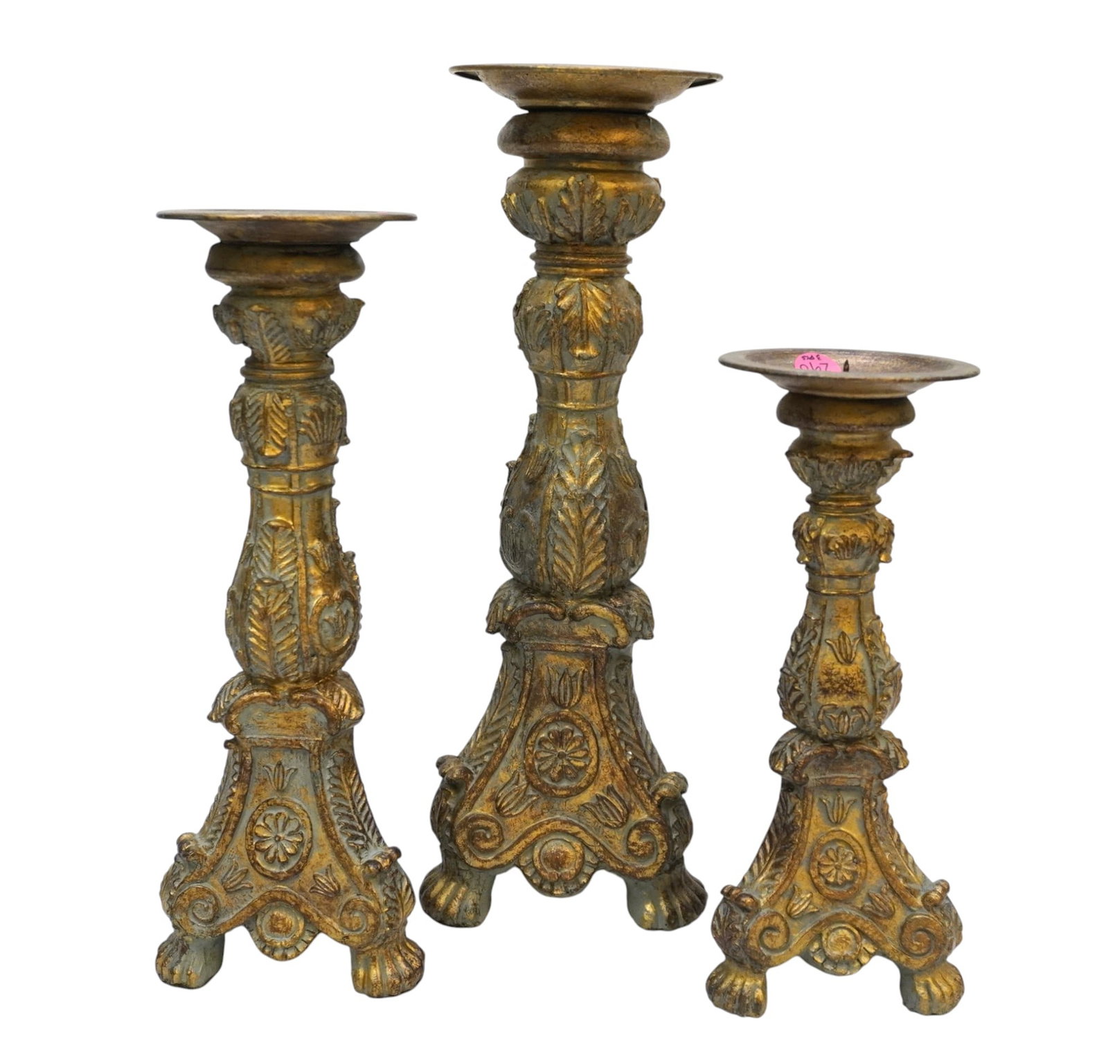 TRIO OF ORNATE CANDLE HOLDERS: Trio of Ornate Candle Holders. Tallest measures 14.25", total lot weight is 8 lb 13 oz.