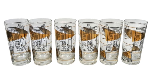 SET OF 7 MID CENTURY HIGHBALL ATOMIC BLACK AND GOLD GLASSES