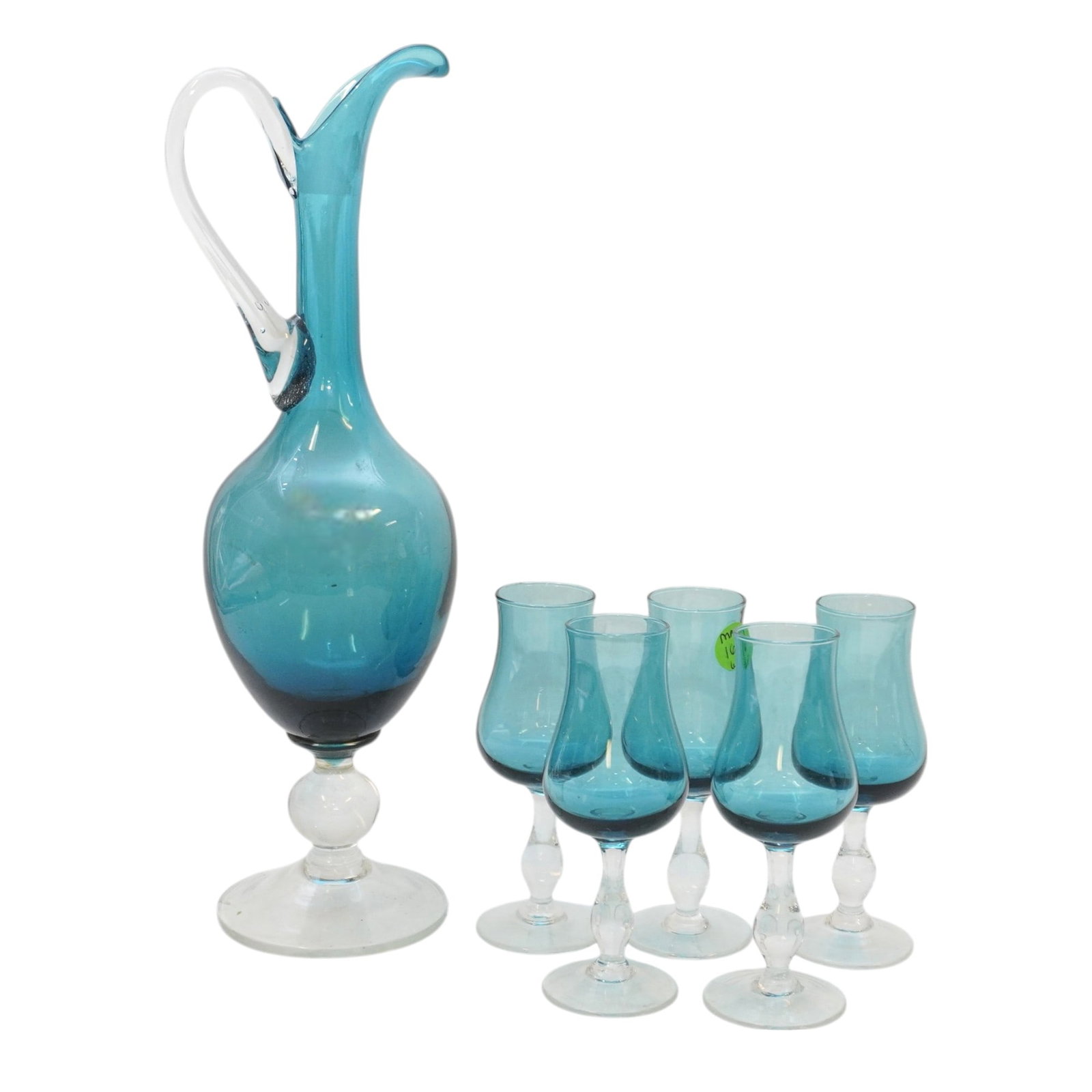 MCM MURANO EMPOLI TEAL WINE DECANTER WITH 5 GLASSES: Mid Century Italian Murano Empoli Teal Blue Wine Decanter / Carafe and 5 matching glasses. Decanter 13.5". Glasses 5.5". Weight 2 lbs