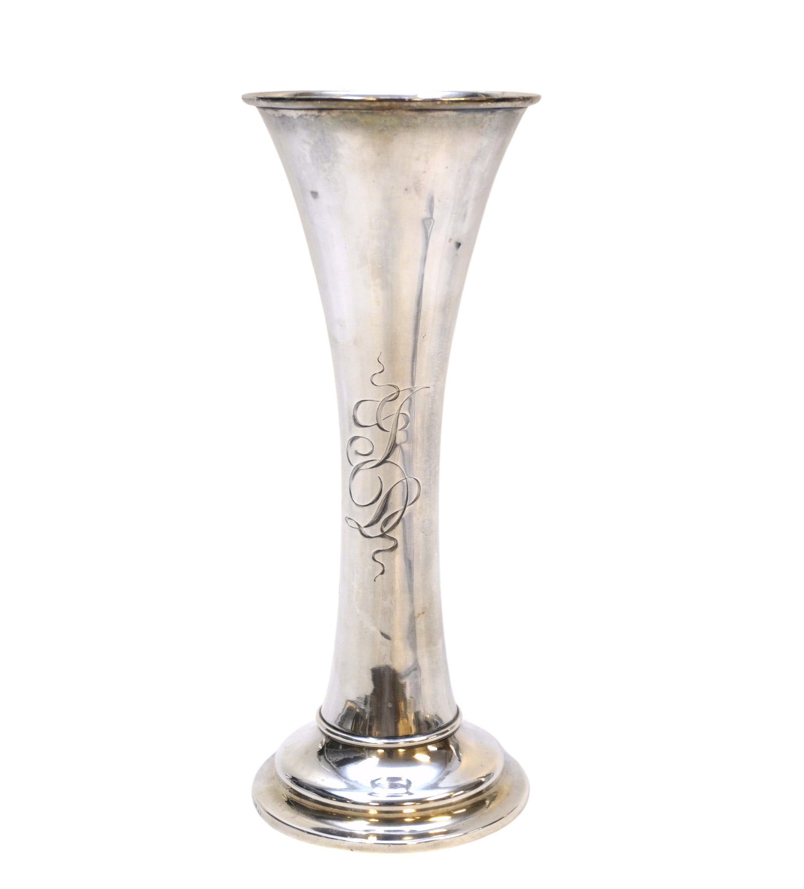 STERLING SILVER ART NOUVEAU VASE: Sterling Silver Art Nouveau Vase. Monogrammed. Wood base. Measures 3 1/4"x3 1/4"x8 1/2". Weight 9 oz. PROVENANCE: The Perrin family, of French Huguenot origin, of Abbeville, Perrin Plantation and Cott