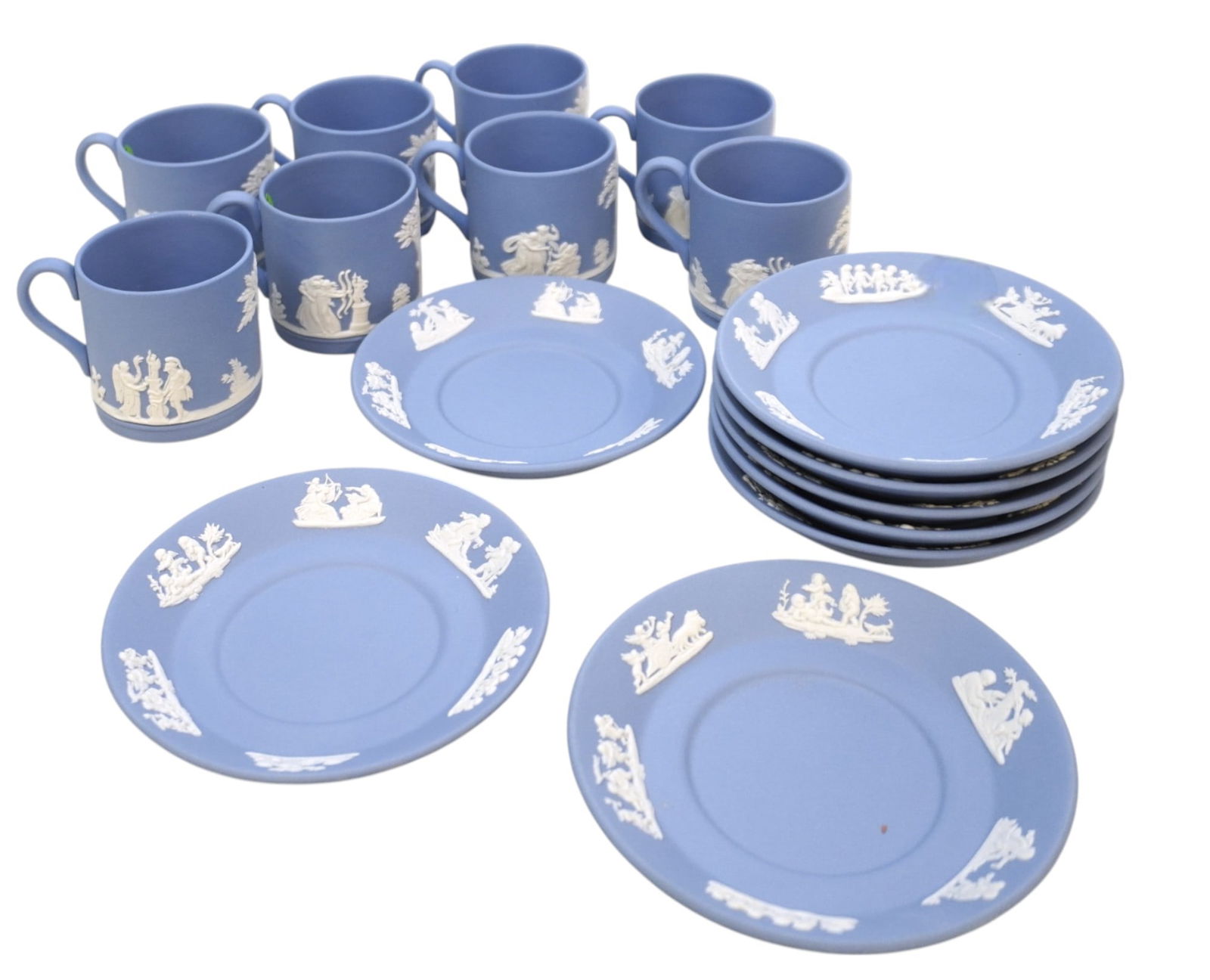 8 WEDGWOOD JASPERWARE DEMITASSE CUP AND SAUCER SETS: 8 Wedgwood Jasperware Demitasse Cup and Saucer Sets. All Stamped/Marked on Bottom. Cups measure 2" x 2.75" x 2" and saucers measure 4.25" in dia. Total lot weight is 3 lbs.
