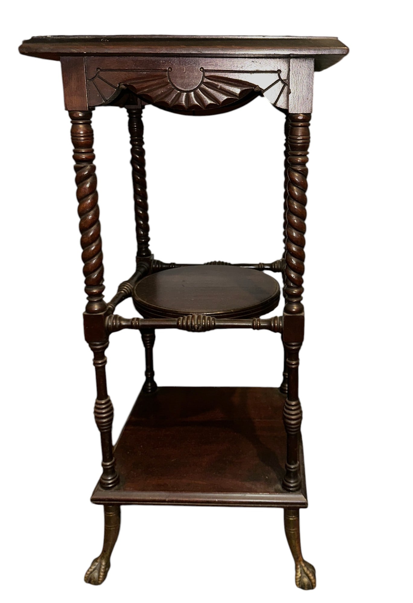 ANTIQUE THREE TIER TWIST LEG PARLOR TABLE/PLANT STAND (1 of 3)