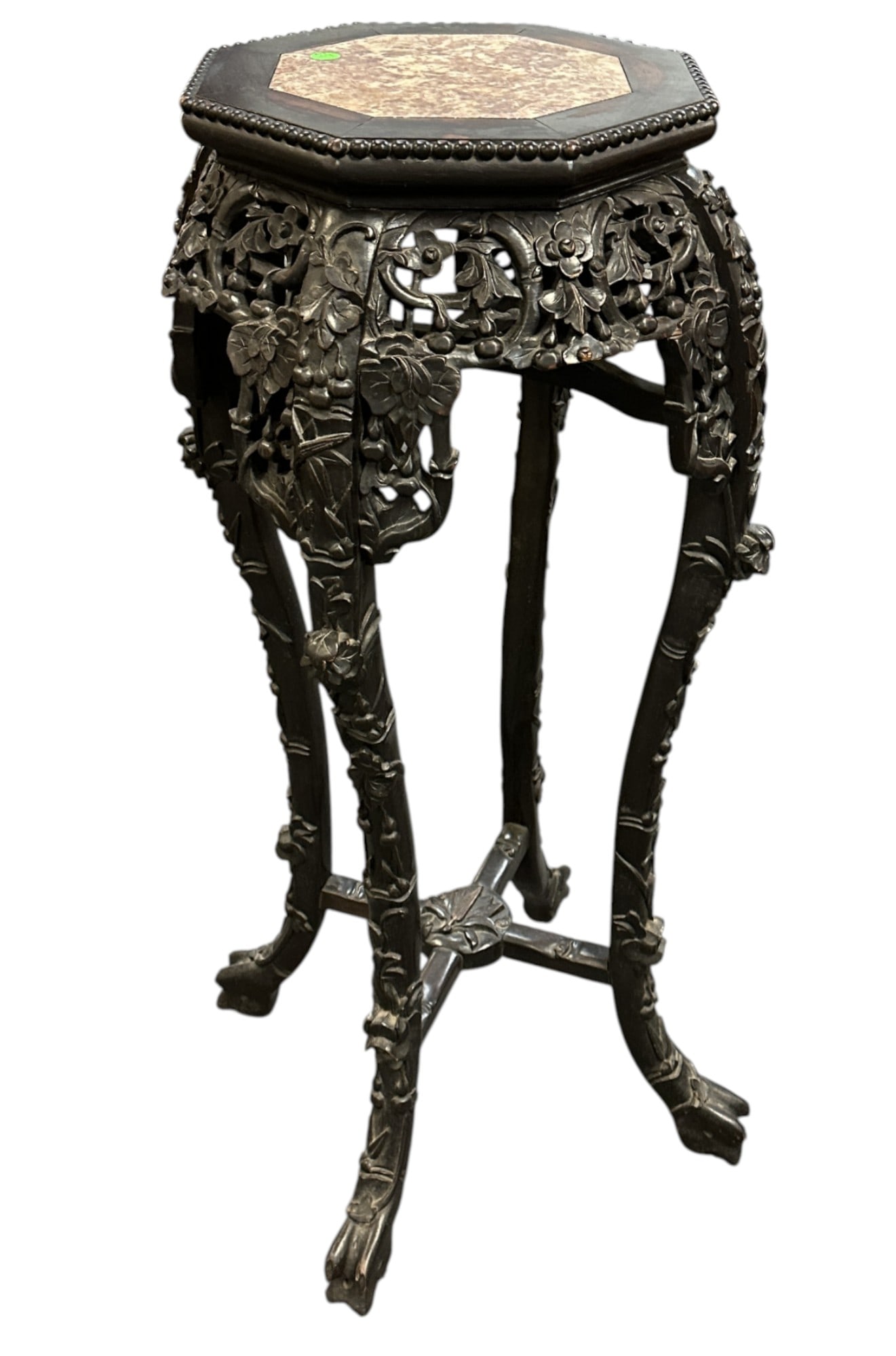 19th c CARVED ROSEWOOD & MARBLE CHINESE STAND: 19th c. Intricatly Carved Chinese Rosewood Stand with Inlaid Marble Top. Measures 13"x13"x36" Provenance: Gippy Plantation, Avenue of Oaks, Berkeley County, South Carolina