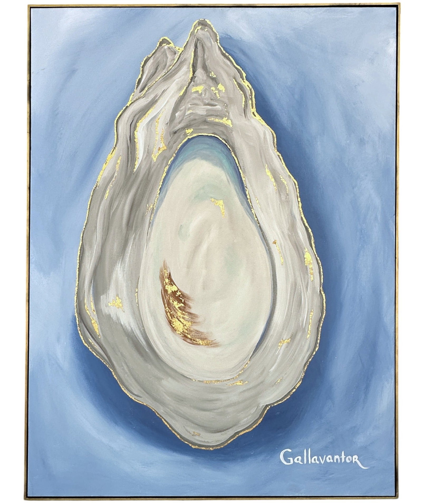 LARGE GOLD LEAF OYSTER CAROLINE STALEY GALLAVANTOR: Contemporary Oyster with Gold Leaf by local, very popular, lowcountry artist Caroline Staley the Gallvantor. A graduate of the College Of Charleston. Caroline is well known for her coastal themed art 