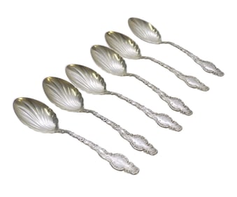 6 ORNATE STERLING SILVER 1891 ICE CREAM SPOONS