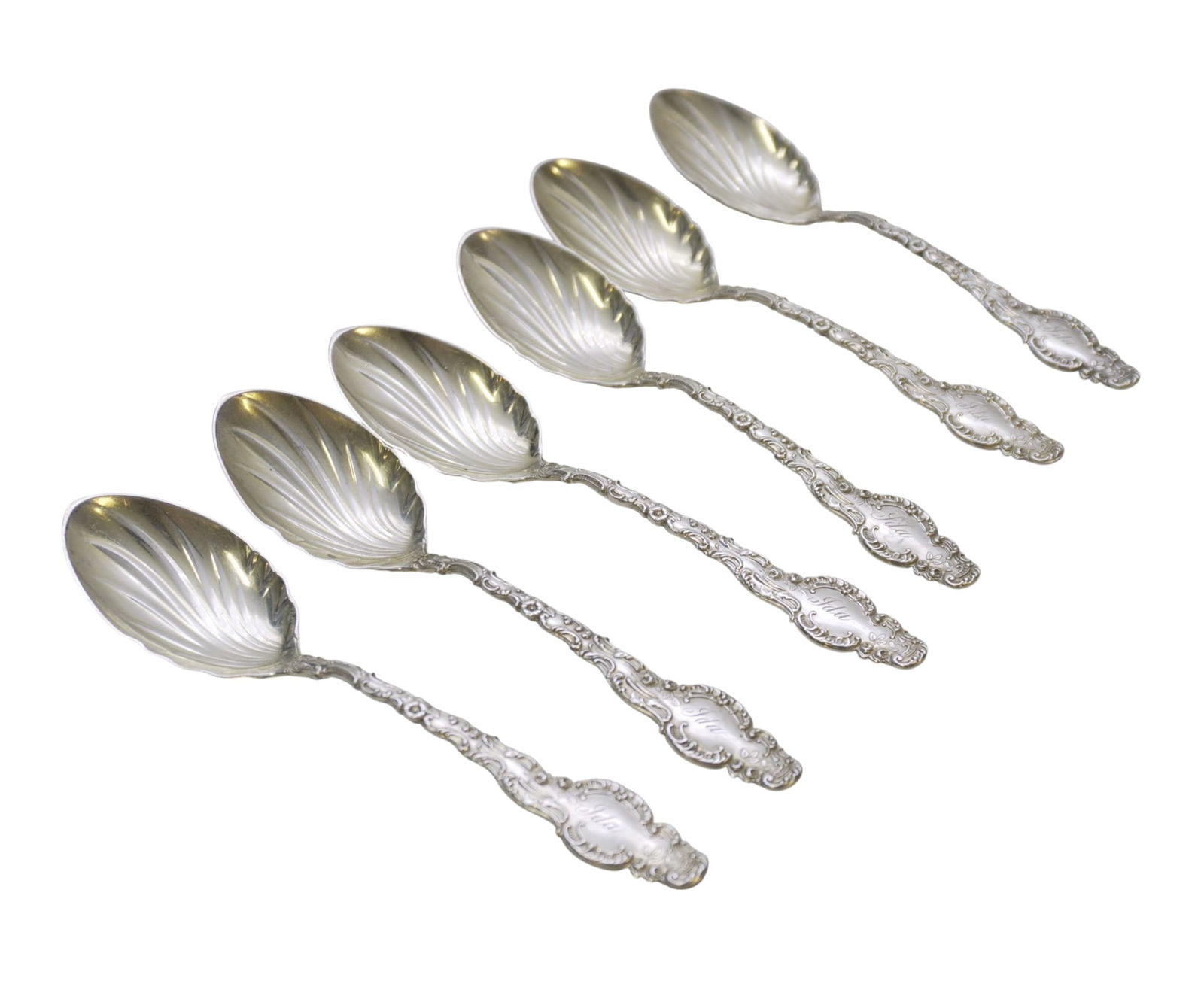 6 ORNATE STERLING SILVER 1891 ICE CREAM SPOONS (1 of 3)