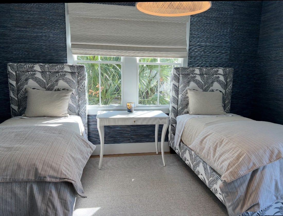 CUSTOM EASTERN ACCENTS UPHOLSTERED TWIN BEDS: A Pair of Custom Designed Twin Beds Upholstered with Eastern Accents Fabric. Each Measure 61"x44"x4.5".Each Measure 61"x44"x4.5"