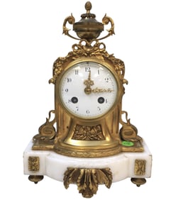 ANTIQUE FRENCH GILT BRONZE WHITE MARBLE MANTLE CLOCK