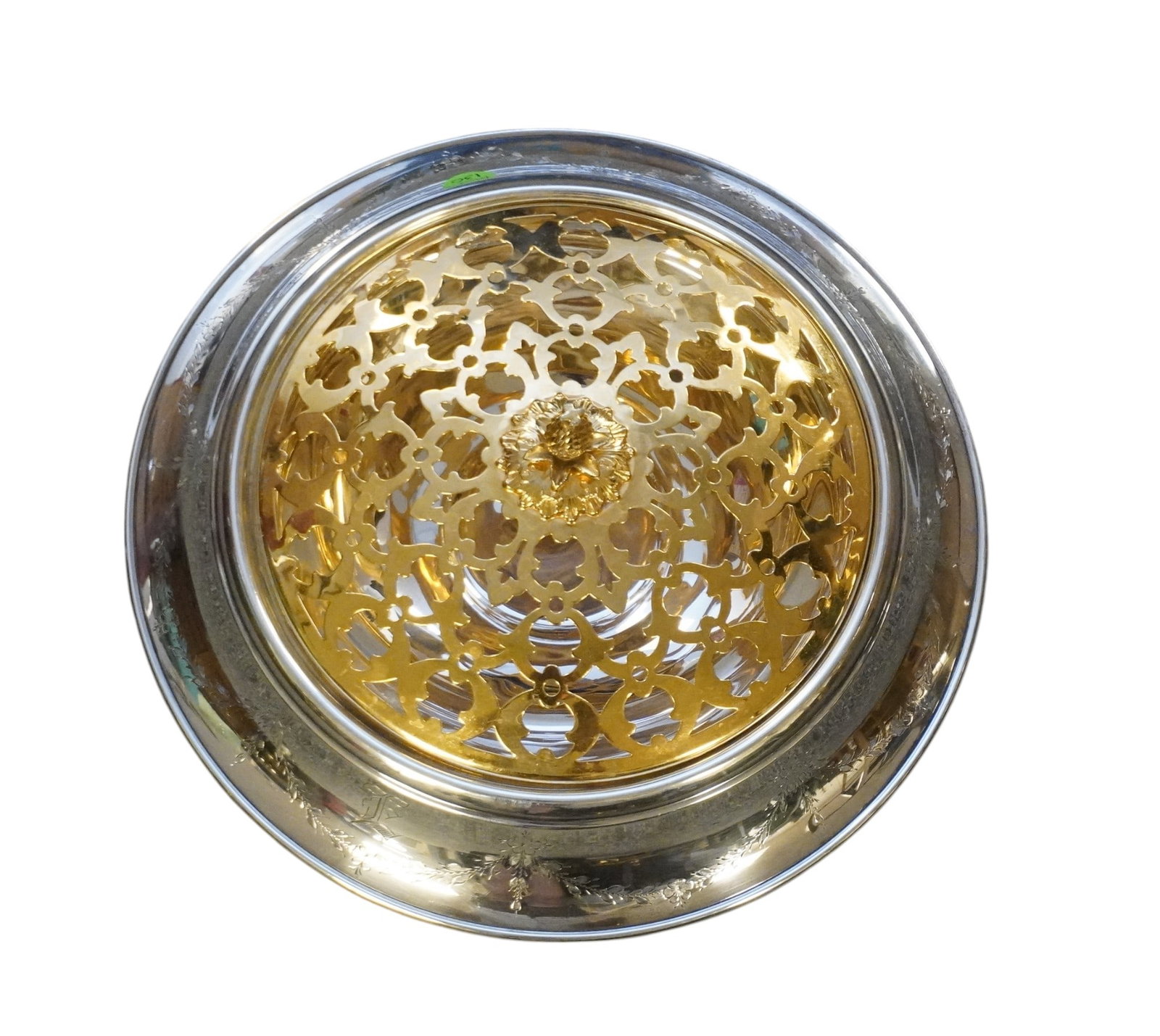 STERLING SILVER CENTERPIECE WITH FROG: Sterling Silver Round Footed Centerpiece with Gilded Brass Frog. Measures 10 1/2"x10 1/2"x5 1/2". Approximate weight centerpiece (not including frog 386 grams. PROVENANCE: The Perrin family, of French