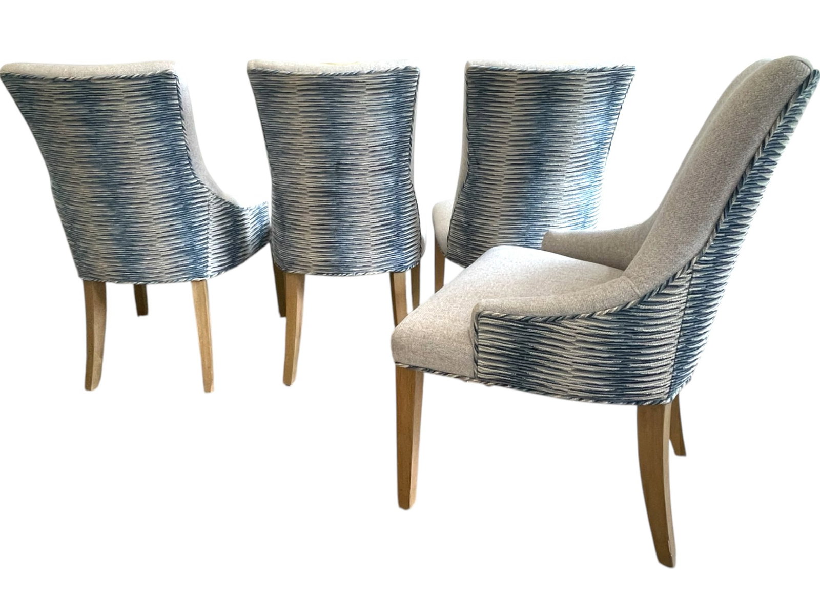 4 CUSTOM UPHOLSTERED DINING CHAIRS: 4 CUSTOM UPHOLSTERED DINING CHAIRS Each 39"x20"x21". Seat Height 18".