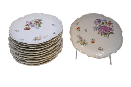 12 ANTIQUE CONTINENTAL HAND PAINTED DESSERT PLATES