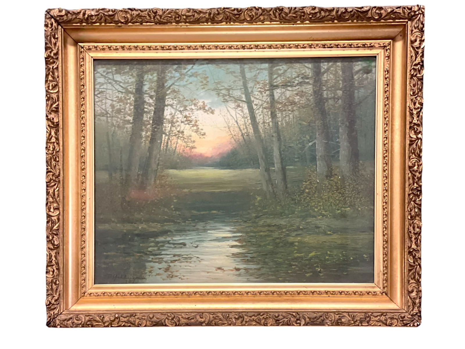 ANTIQUE 1907 OIL LANDSCAPE SUNSET (1 of 2)