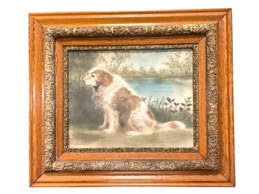 LARGE ANTIQUE FRAMED PASTEL SPANIEL