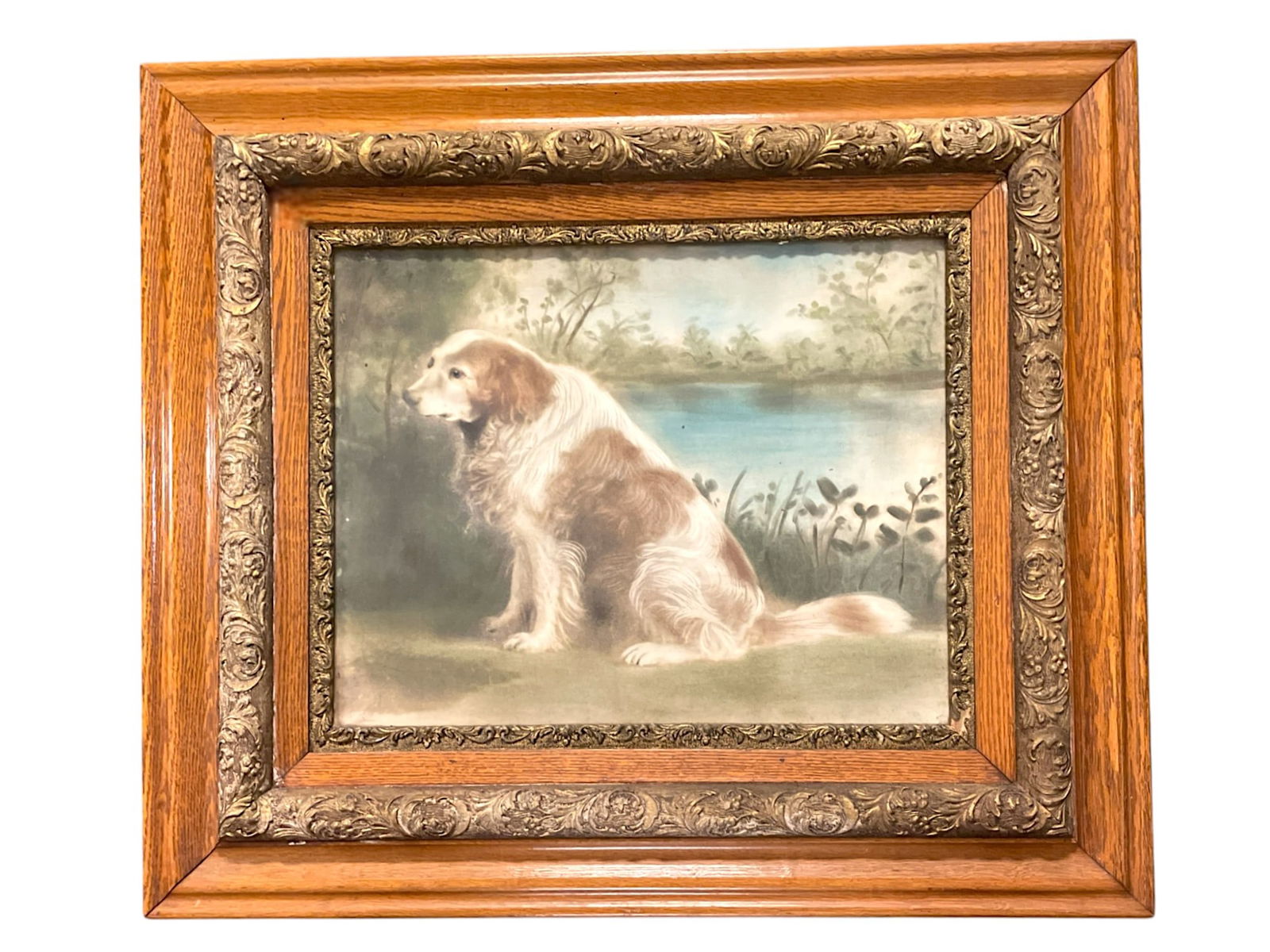 LARGE ANTIQUE FRAMED PASTEL SPANIEL (1 of 2)