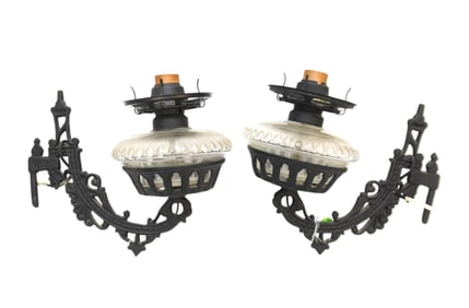 PAIR OF ANTIQUE CAST IRON ELECTRIFIED OIL LAMP WALL SCONCES