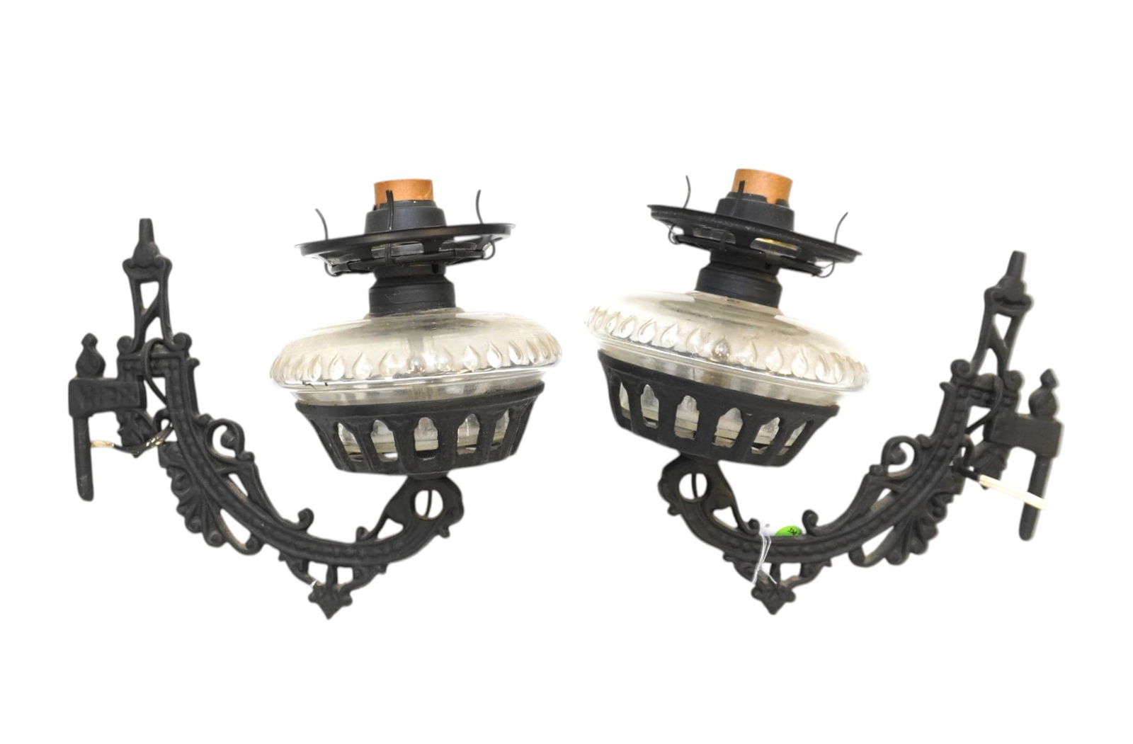 PAIR OF ANTIQUE CAST IRON ELECTRIFIED OIL LAMP WALL SCONCES (1 of 1)