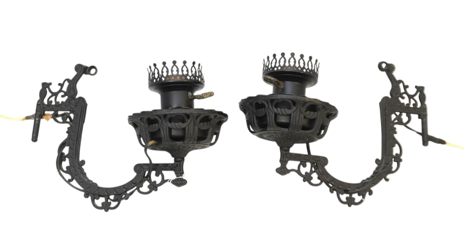 PAIR OF ANTIQUE CAST IRON ELECTRIFIED OIL LAMP WALL SCONCES (1 of 2)