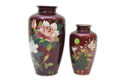 PAIR OF VINTAGE JAPANESE RED CLOISONNE VASES