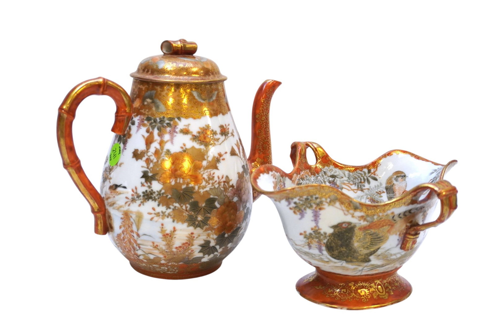 2 JAPANESE KUTANI MEIJI WANTANO TEAPOT AND DISH: Meiji Period Kutani Hand Painted Teapot and Footed Bowl. Both with Mark for Kutani Watano Sei. Meiji (1868-1912) period. Watano was very famous during the Meiji period with export offices in the port 