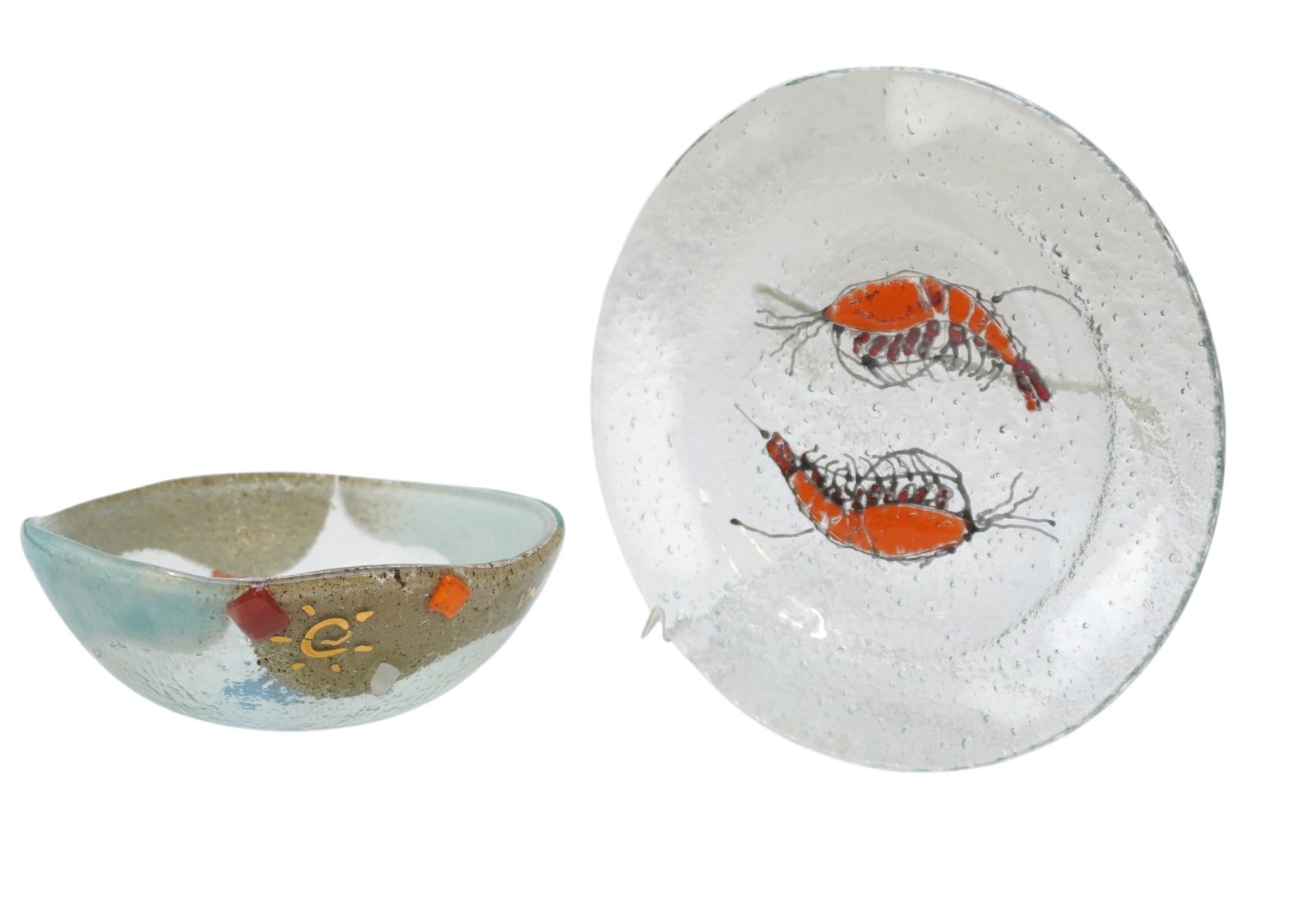 2 PIECES OF COASTAL ART GLASS: This lot includes 1) Art Glass Bowl With Fish, Measures 2.25" x 5.75" 2) Shrimp Dish, 7" dia. 1 lb 6 oz.