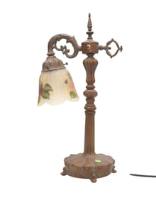 VINTAGE ART NOUVEAU STYLE LAMP WITH HAND PAINTED SATIN GLASS SHADE