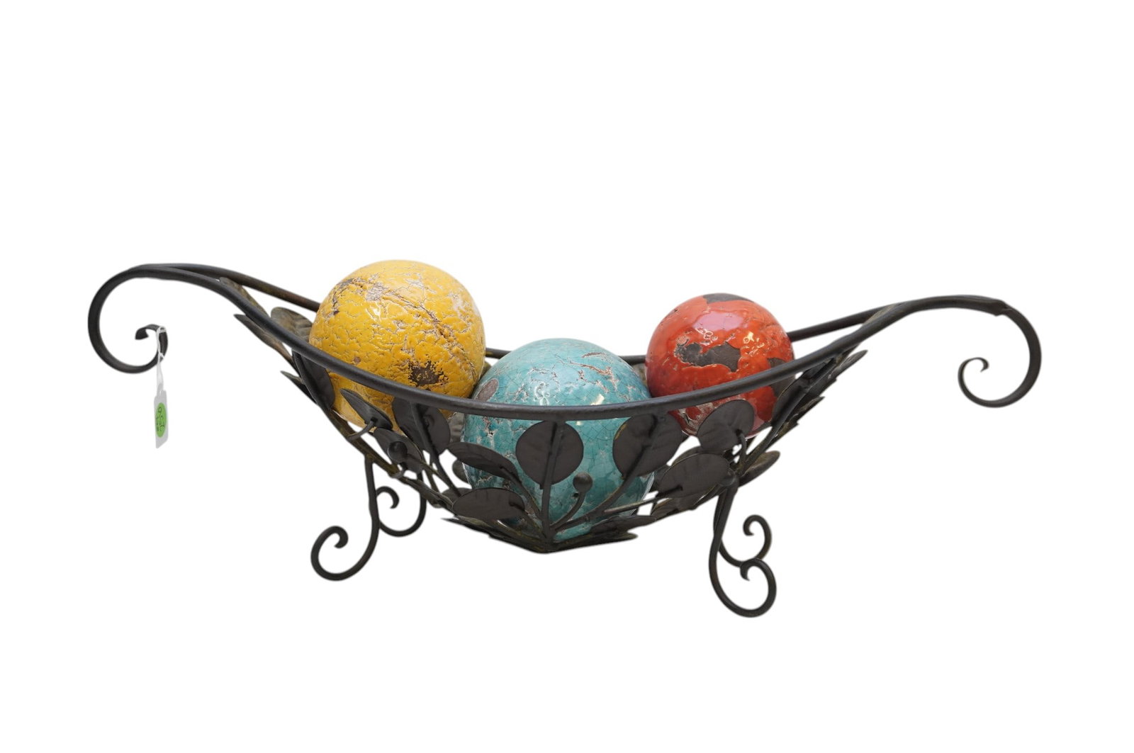 DECORATIVE METAL BOWL WITH POTTERY GLOBES: Decorative Metal Bowl with Pottery Globes. Measures 20" x 8" x 6.25", weighs 4 lbs 12 oz.