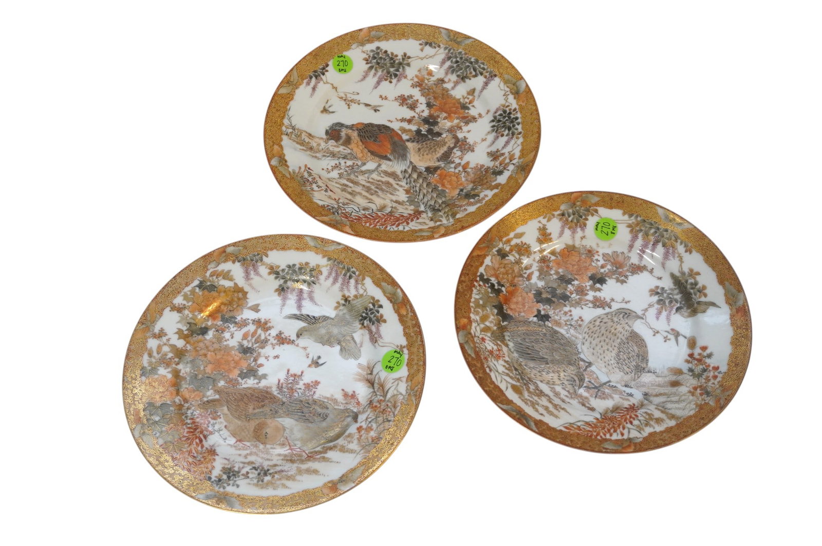 3 JAPANESE KUTANI MEIJI WANTANO PLATES: 3 Meiji Period Kutani Hand Painted Plates. Both with Mark for Kutani Watano Sei. Meiji (1868-1912) period. Watano was very famous during the Meiji period with export offices in the port towns of Kobe 