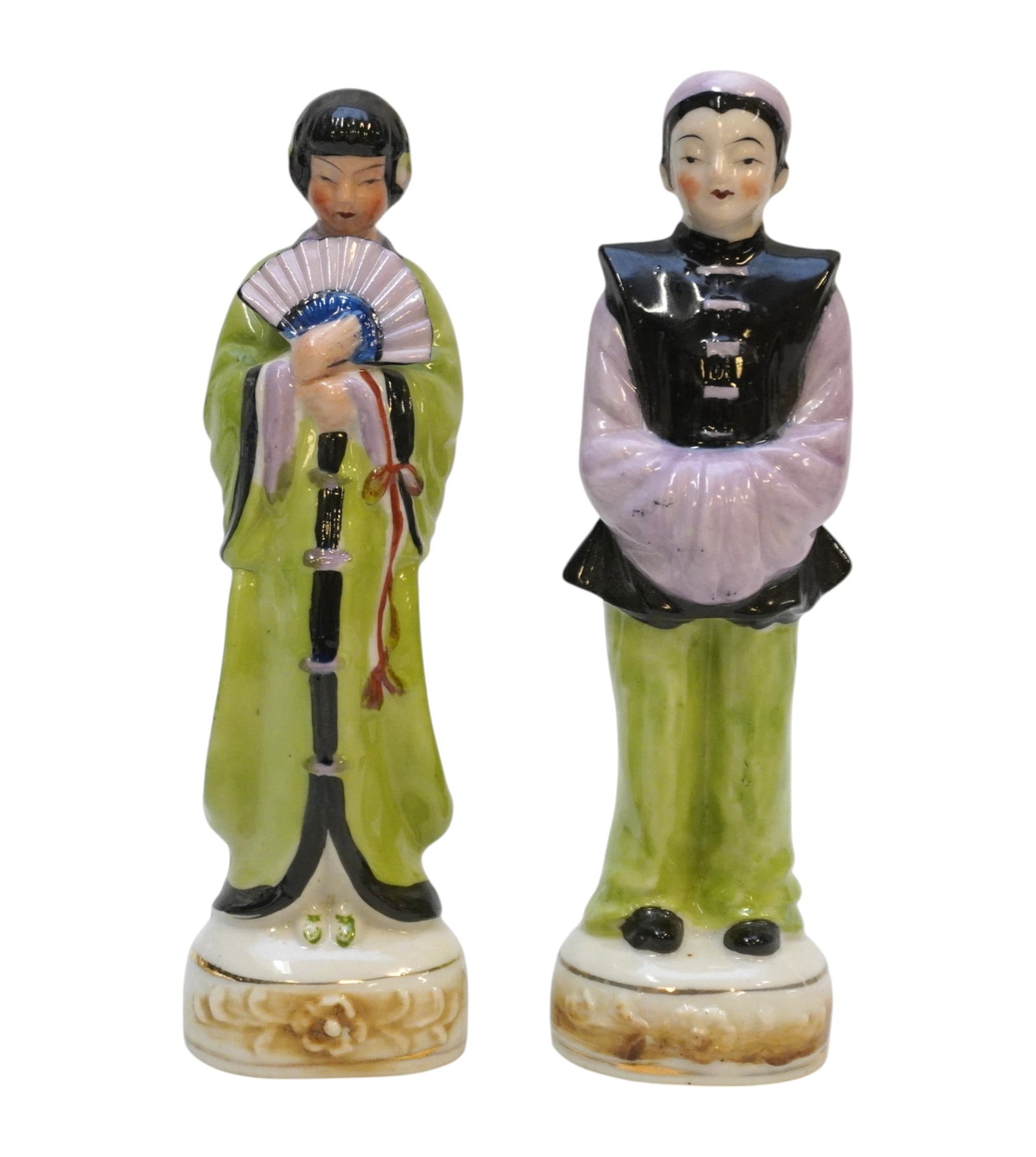 PAIR OF VINTAGE MARUYAMA OCCUPIED JAPAN PORCELAIN FIGURINES: Pair of Vintage Maruyama Occupied Japan Figurines. Each measures 8" x 2.25" x 1.5" and total lot weighs 11.2 oz.