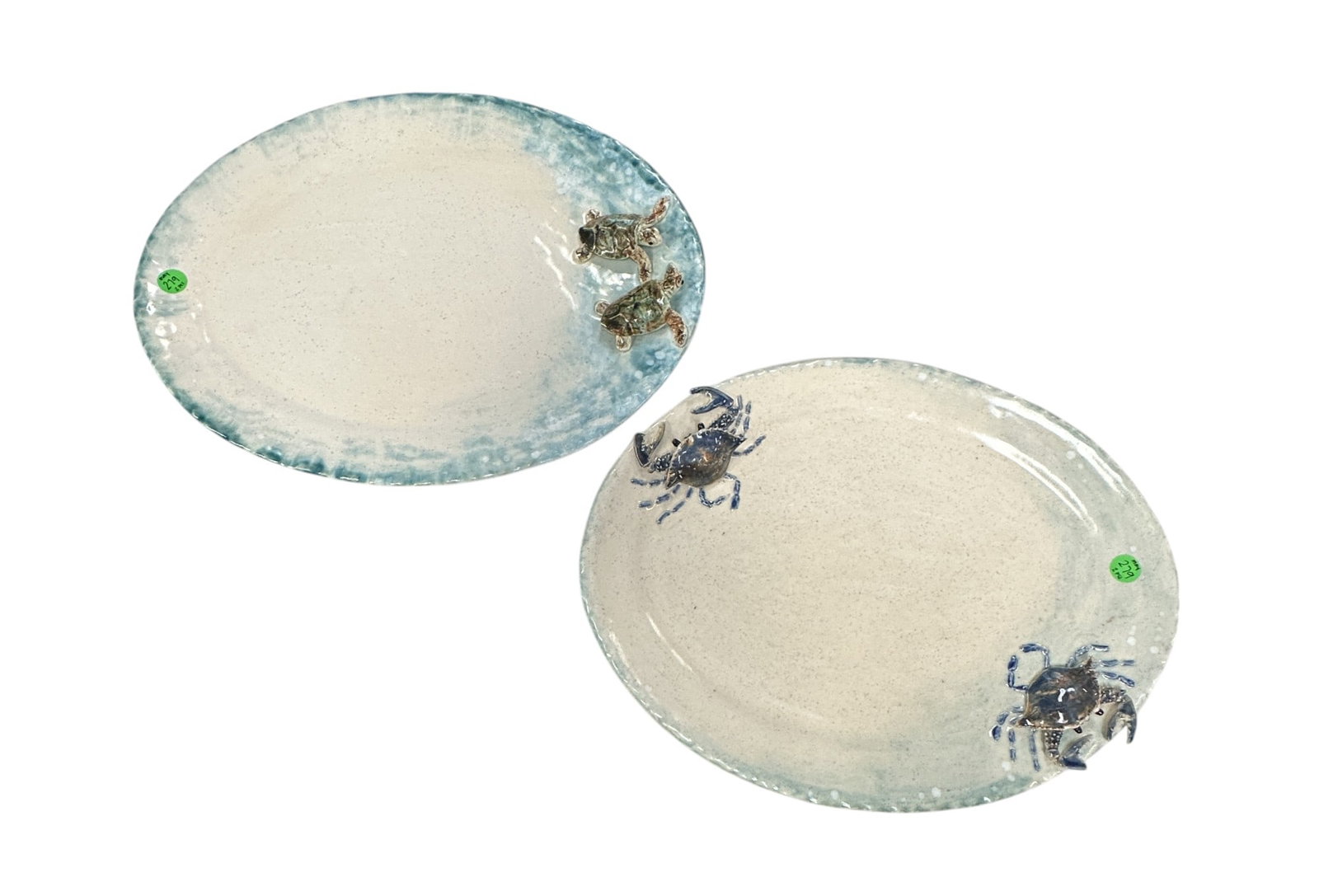 2 SULY PRITCHARD ART POTTERY PLATTERS: Pair of Handmade Pottery Platters by Suly Pritchard, Sanibel Island, Florida.. One features two 3D blue crabs and the other is a pair of turtles. Signed "Suly 2001" on bottom. Each measures about 16" 