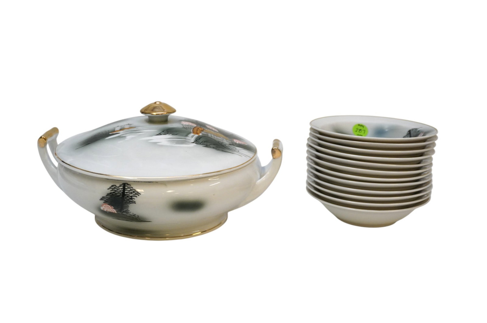 12 ORIENT CHINA SMALL SOUP/RICE BOWLS AND COVERED TUREEN: 12 Orient China Small Soup/Rice Bowls and Covered Tureen. All are stamped on the bottom with hand painted and gold gilt details. Bowls measure 5.5" in dia x 1.25" and taureen measures 10.75" x 9" x 4.