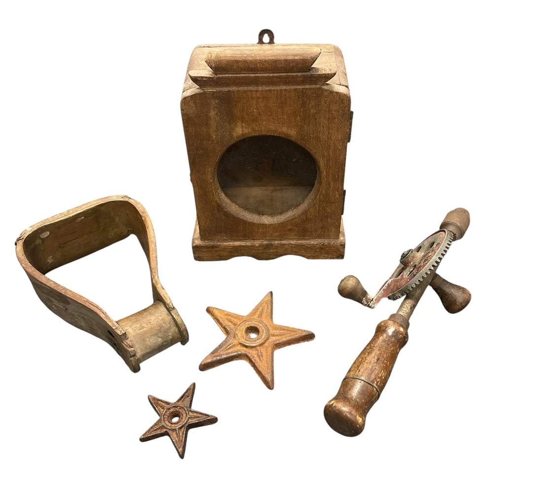 5 pc PRIMITIVE CLOCK BOX - WOOD STIRRUP + MORE (1 of 1)