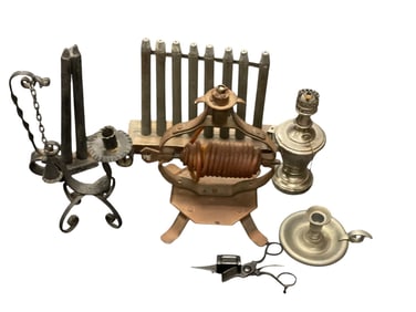 7 ANTIQUE PRIMITVE CANDLE MOLDS & CANDLE STANDS