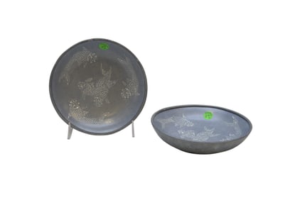 2 VINTAGE NEIMAN MARCUS PEWTER RIM PORCELAIN CENTER BOWLS