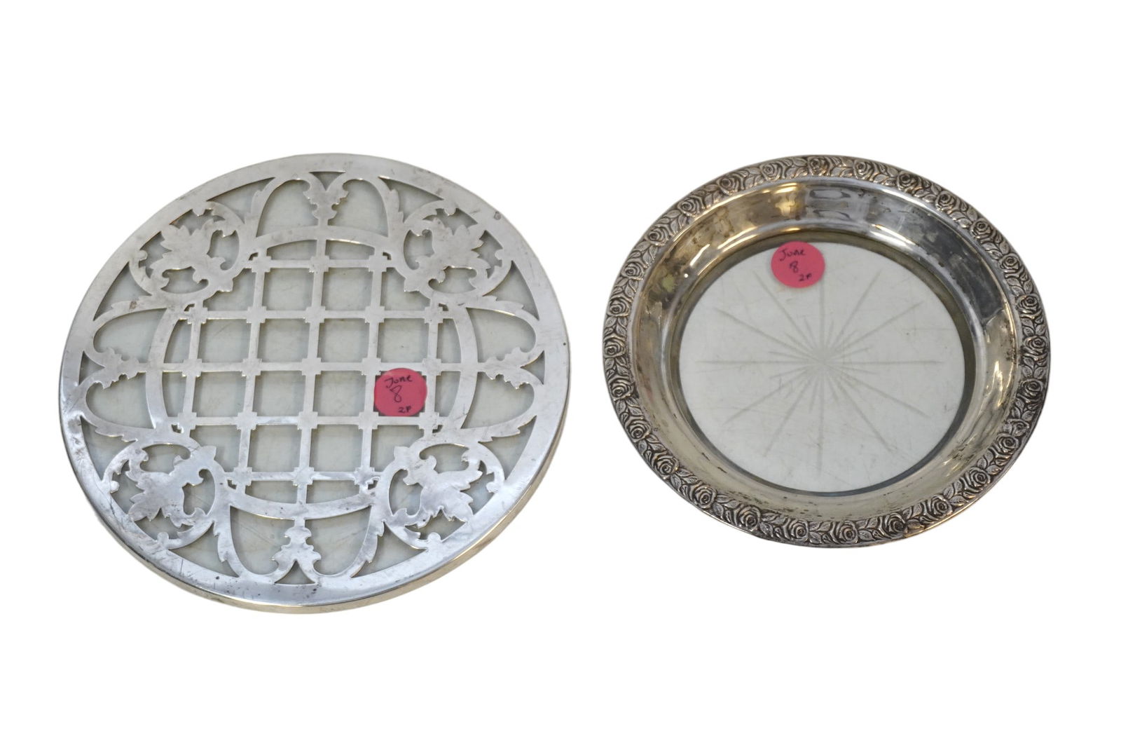 2 PC STERLING TRIVET & WINE COASTER: 1- Vintage Art Deco Sterling Silver & Glass Trivet. Sterling Overlay 7"x7". 2- Sterling Rimmed Wine Bottle Coaster 6"x6". Weight 1 lb 3 oz