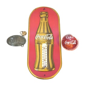 3 PC COCA COLA THERMOMETER, BUCKLE, PAPERWEIGHT