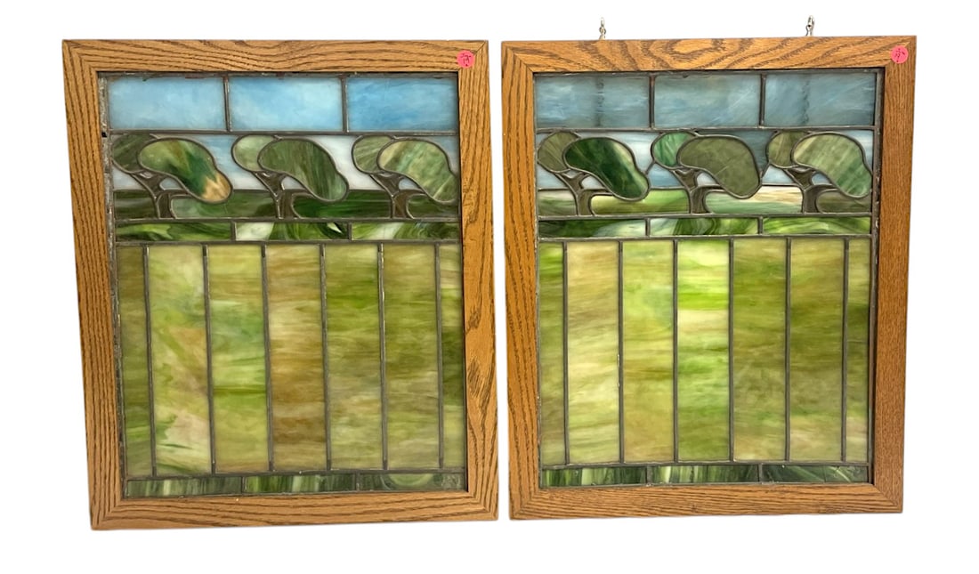 PAIR ART DECO STAINED GLASS WINDOWS TREES