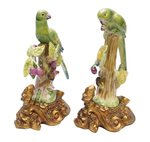PAIR JEANNE REED PORCELAIN PARROTS ON TREES