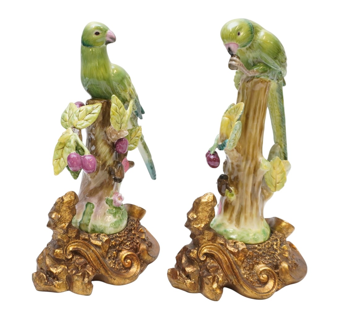 PAIR JEANNE REED PORCELAIN PARROTS ON TREES (1 of 6)