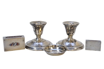 5 pc STERLING CANDLESTICKS, MATCHBOX COVERS, TRINKET